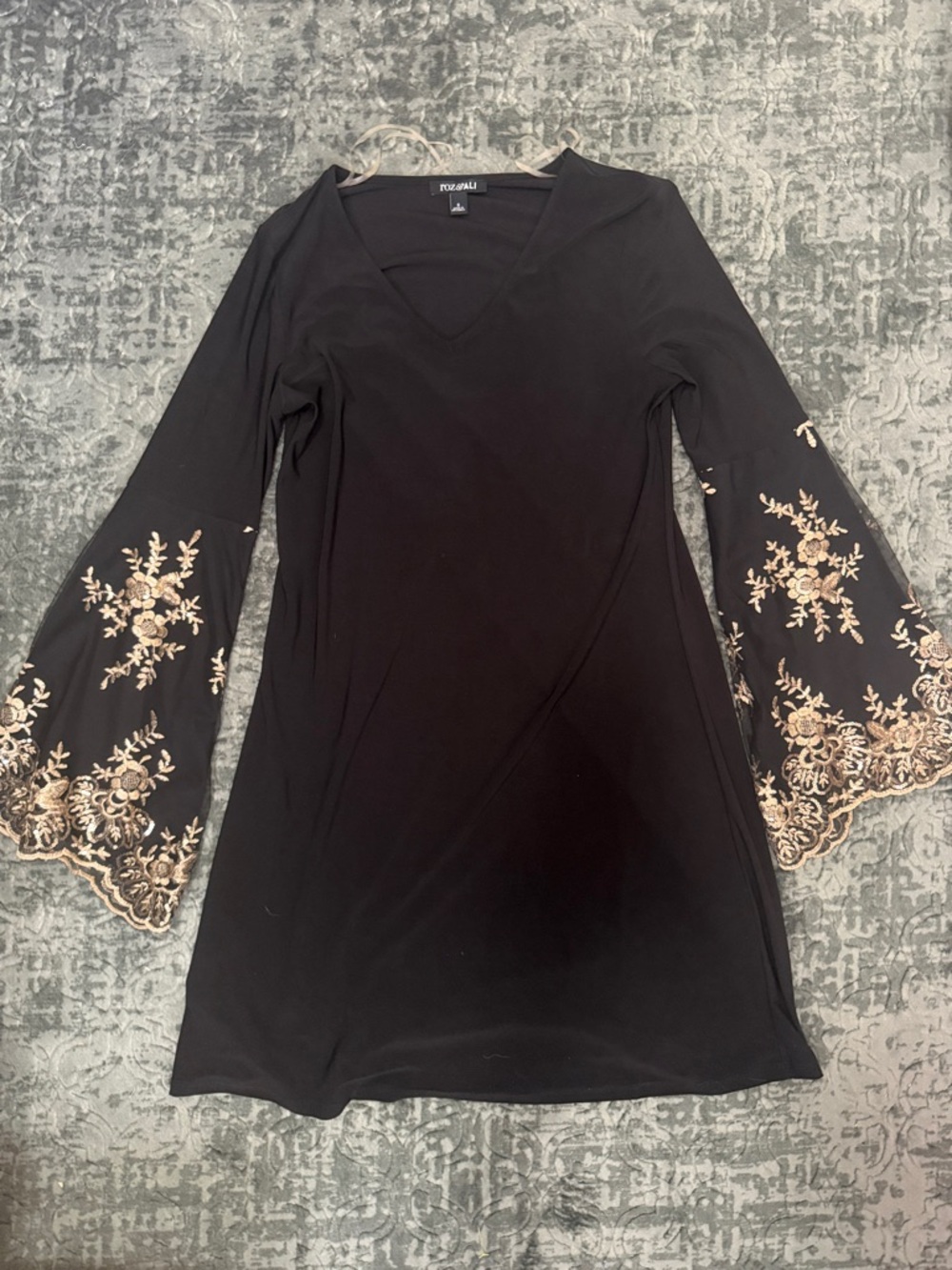 Roz & Ali Black V-Neck Dress with Embroidered Bell Sleeves